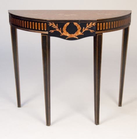 Appraisal: Ebonized and Painted Demilune Console Table Possibly French gilded wreath