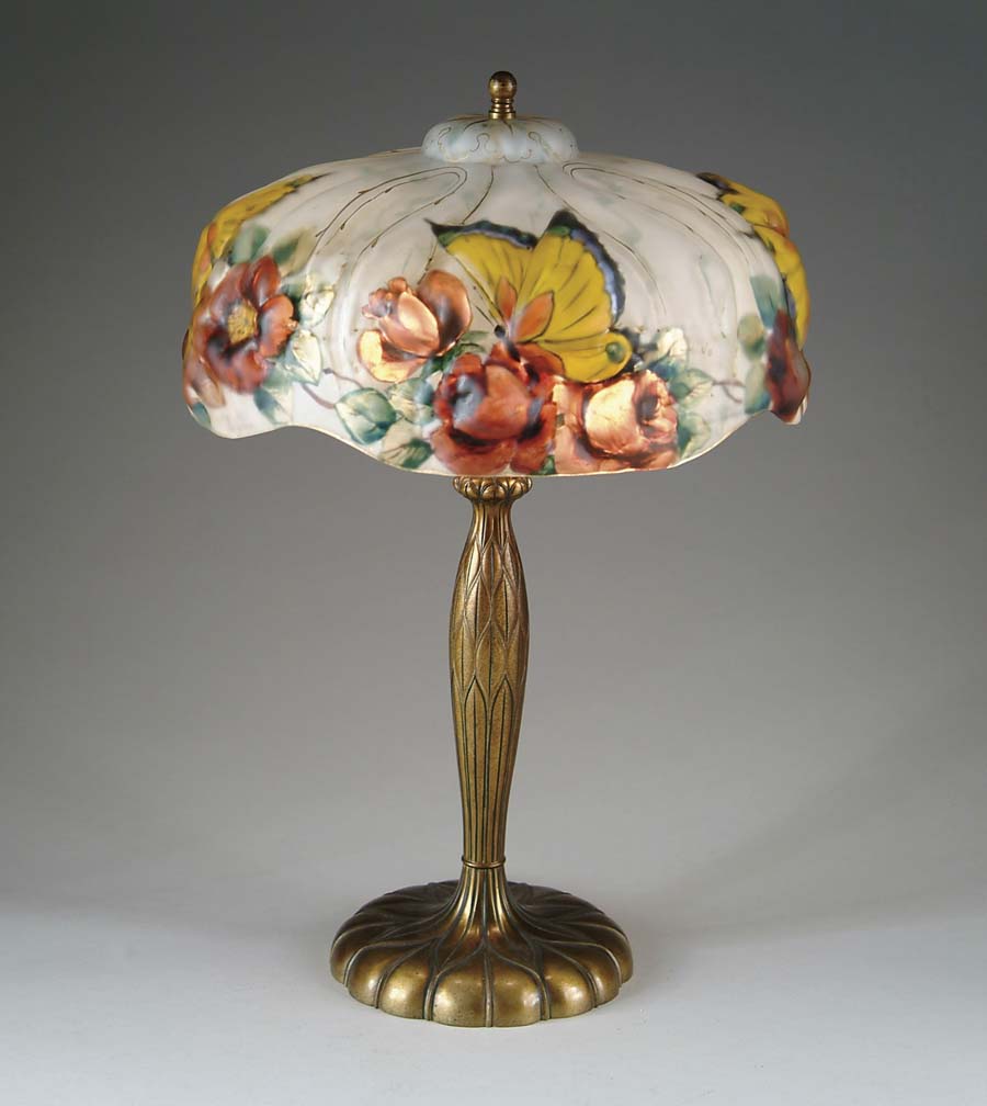 Appraisal: PAIRPOINT PAPILLON LAMP Colorful butterflies and apple blossoms against a