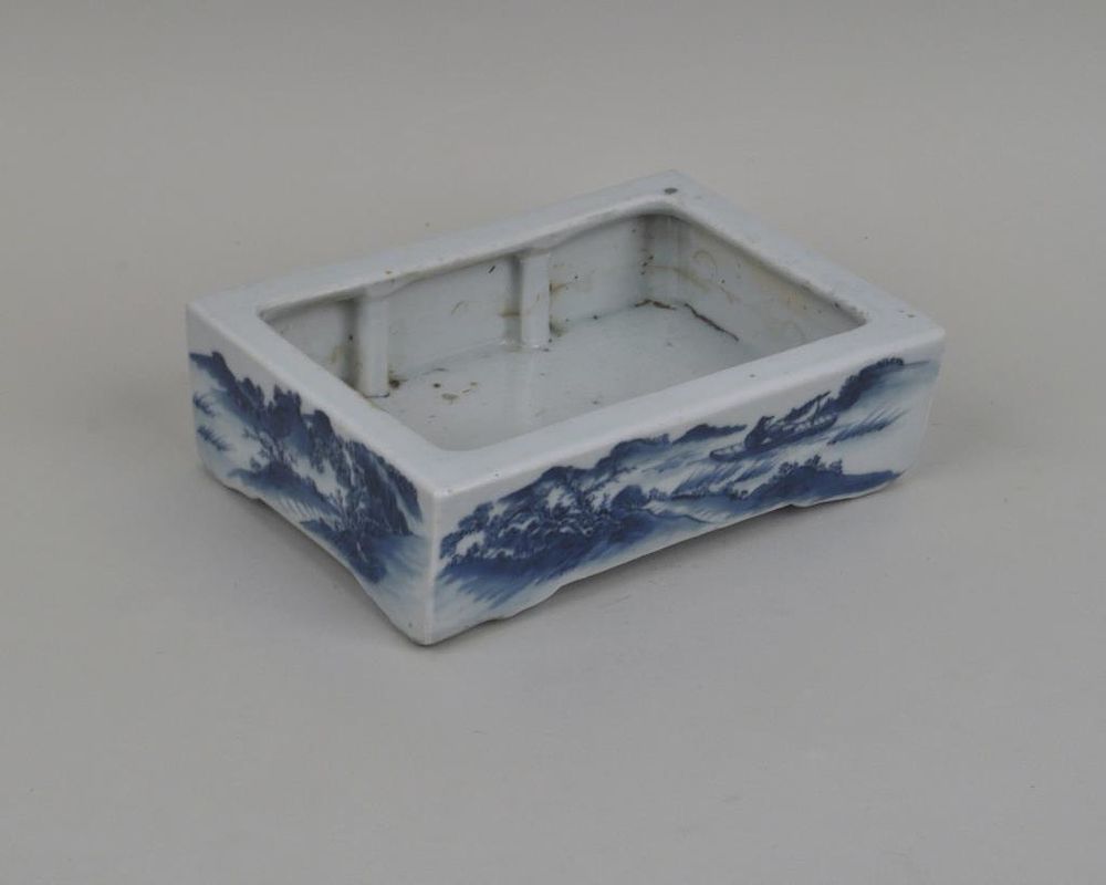 Appraisal: Asian Porcelain B W Rectangular Bonsai Dish decorated with scenic