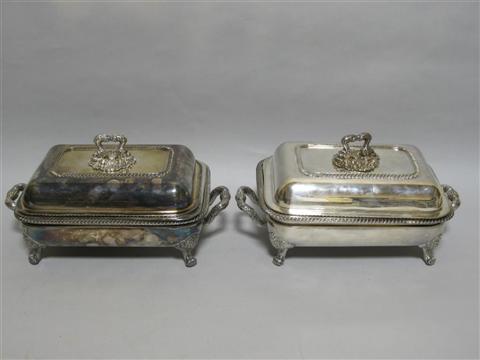 Appraisal: PAIR OF OLD SHEFFIELD PLATE COVERED ENTREE DISHES STANDS AND