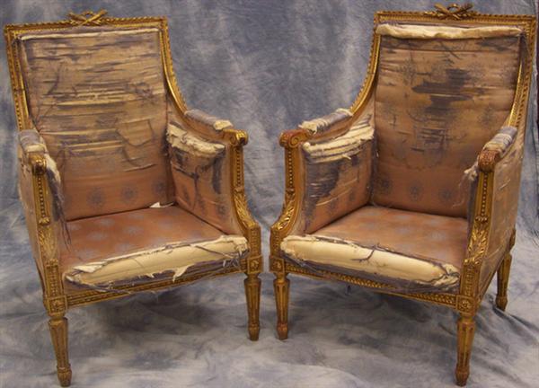 Appraisal: Pr Louis XVI gilt carved closed arm chairs loose cushion