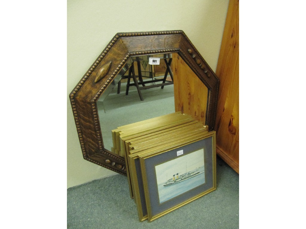 Appraisal: Oak octagonal wall mirror and eight assorted prints