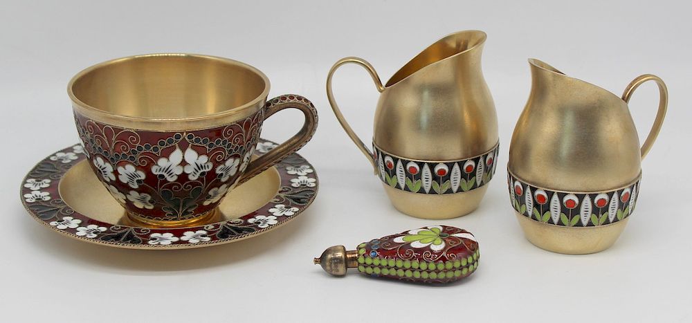 Appraisal: SILVER Russian Silver and Enamel Grouping Includes an enamel decorated