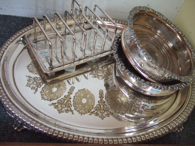 Appraisal: Plated wares comprising an oval salver raised on four pierced