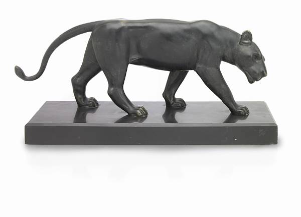 Appraisal: A Oulin Belgian active - panther black patinated bronze and