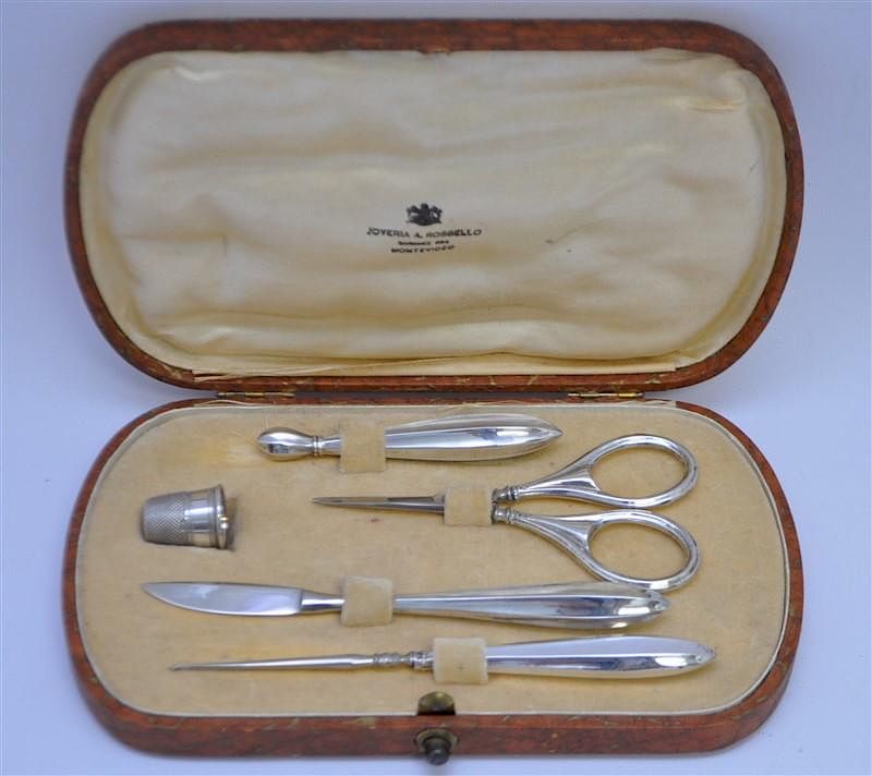 Appraisal: SILVER BOXED SEWING SET c Silver Piece Boxed Sewing Set