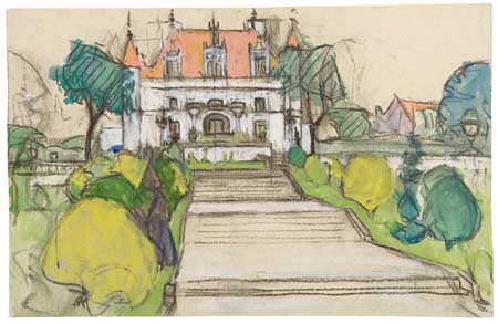 Appraisal: JANE PETERSON View of a French Chateau Watercolor gouache and