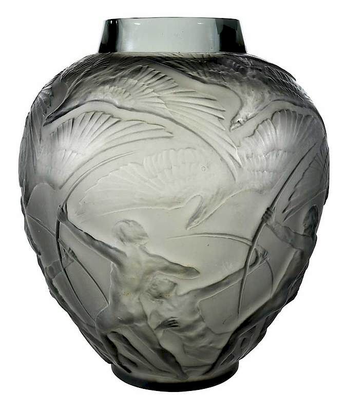 Appraisal: R Lalique Archers Gray Glass Vase model introduced model number