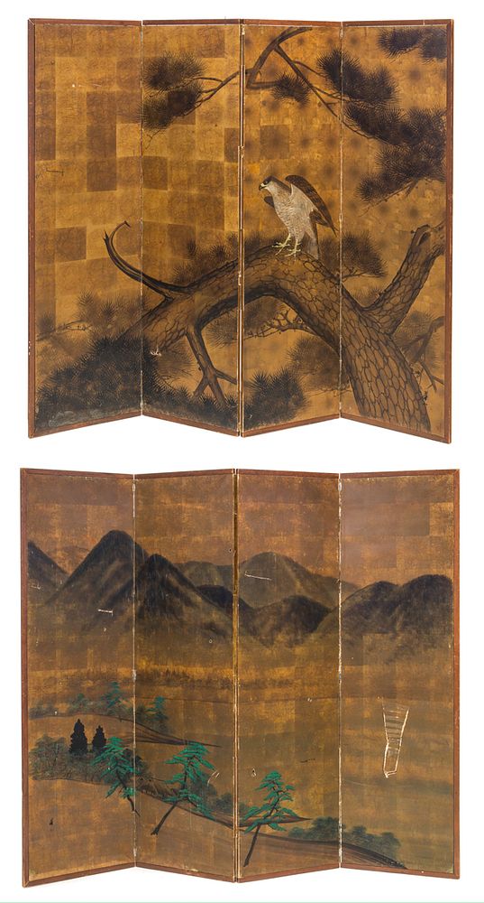 Appraisal: Two th Century Japanese Watercolor Screens Japanese four panel ink