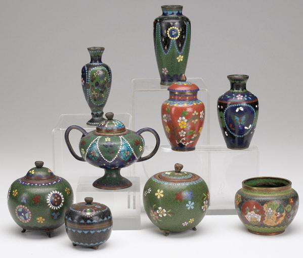 Appraisal: CLOISONNE Ten miniatures includes covered urns vases and covered jars