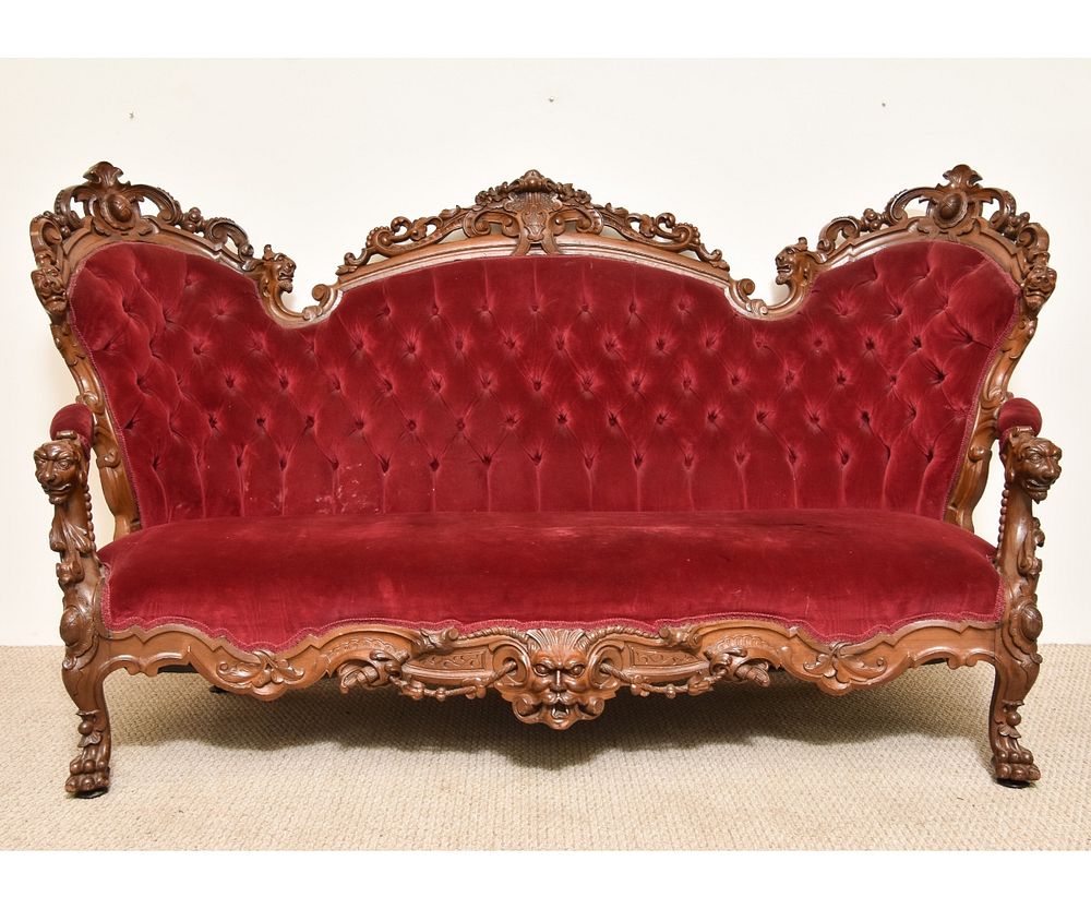 Appraisal: Victorian Walnut Sofa Victorian walnut sofa circa with floral and