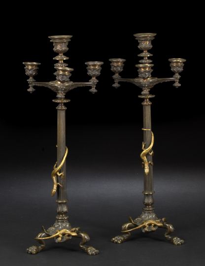 Appraisal: Pair of Napoleon III-Style Gilt-Lacquered and Patinated Bronze Four-Light Candelabra