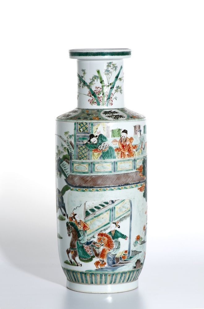 Appraisal: Chinese Famille Verte 'Figural' Rouleau Vase th C the cylindrical