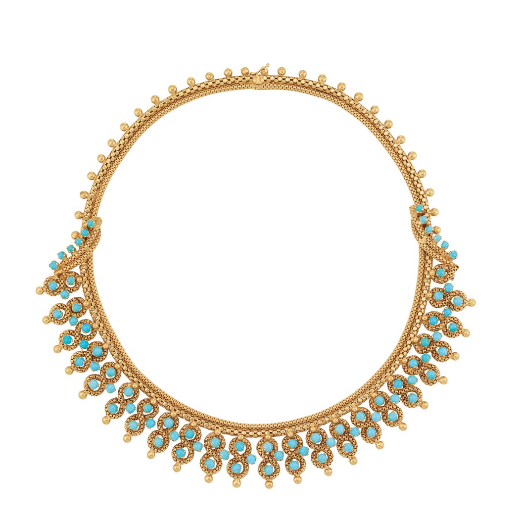 Appraisal: Gold and Turquoise Fringe Necklace kt composed of a double