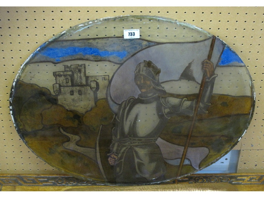 Appraisal: Oval stained glass panel depicting a knight with a castle