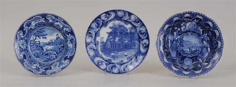 Appraisal: THREE STAFFORDSHIRE BLUE TRANFER-PRINTED PLATES Comprising a Clews ''America and