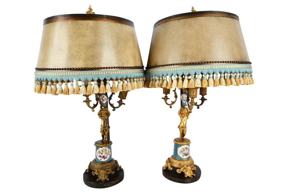 Appraisal: PAIR SEVRES-STYLE GILT METAL PORCELAIN CANDELABRAeach with three arms over