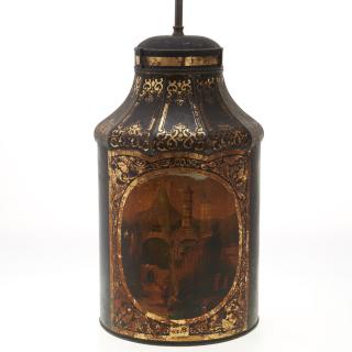 Appraisal: Antique English tole tea canister lamp Antique English tole tea