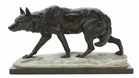 Appraisal: AFTER VALTON STALKING WOLF Bronze the white marble naturalistic base