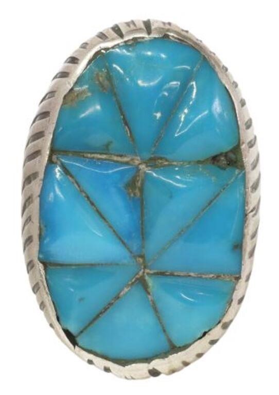 Appraisal: Gent's Southwest silver content unknown ring mosaic inlaid turquoise segments