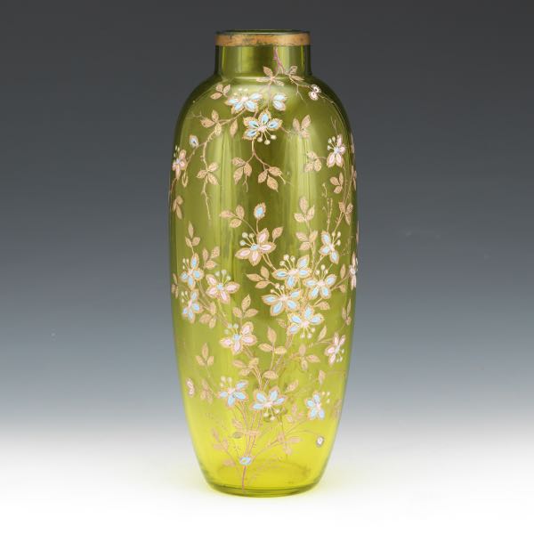 Appraisal: Moser Antique Gild and Enamel Tall Peridot Glass Vase x