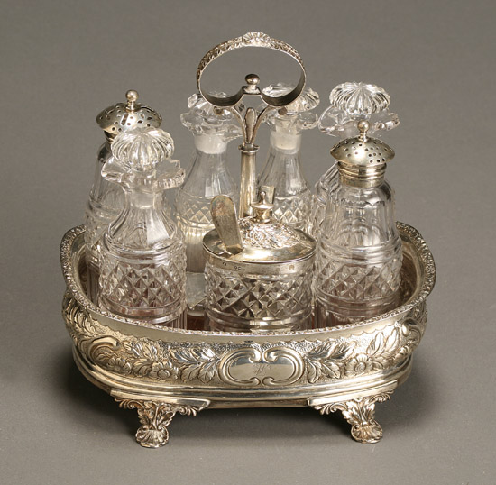 Appraisal: George III Silver Cruet Stand Possibly Andrew Killik London Consisting