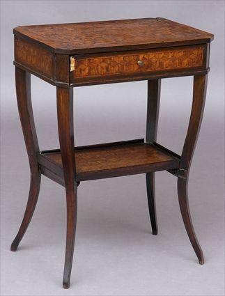 Appraisal: CONTINENTAL NEOCLASSICAL CUBE-PARQUETRY-INLAID WORK TABLE The top with chamfered corners