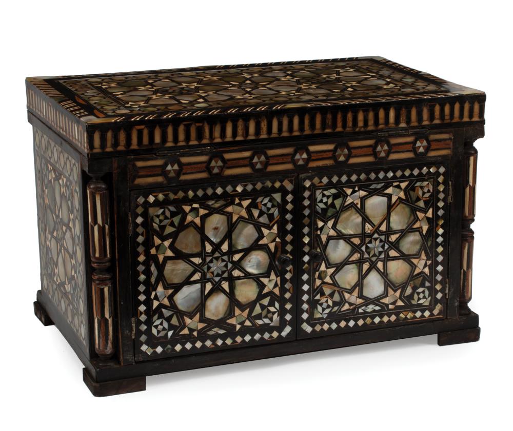 Appraisal: Moorish-Style Mother-of-Pearl and Bone Inlaid Table Cabinet two doors fitted