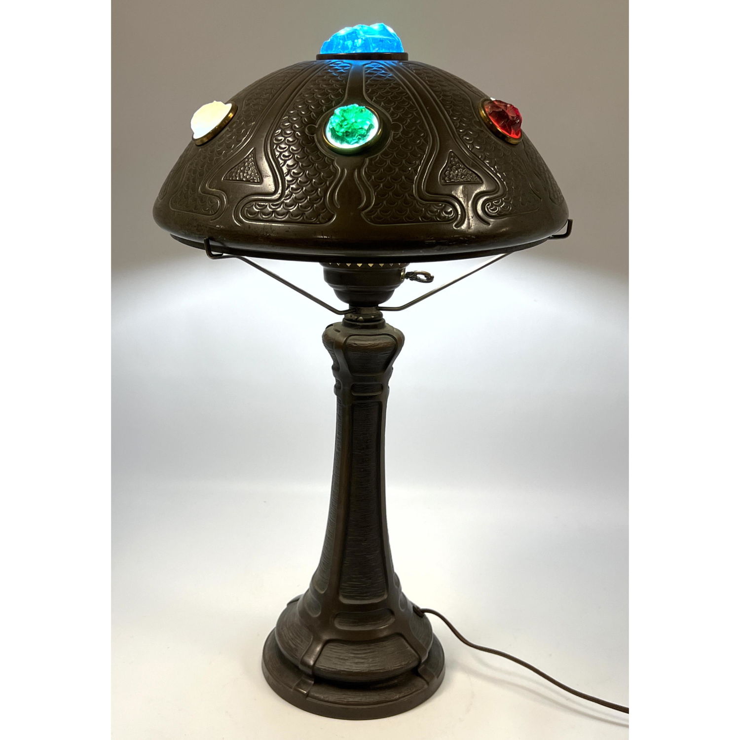 Appraisal: Art Nouveau Jeweled Shade Table Lamp hand hammered table lamp