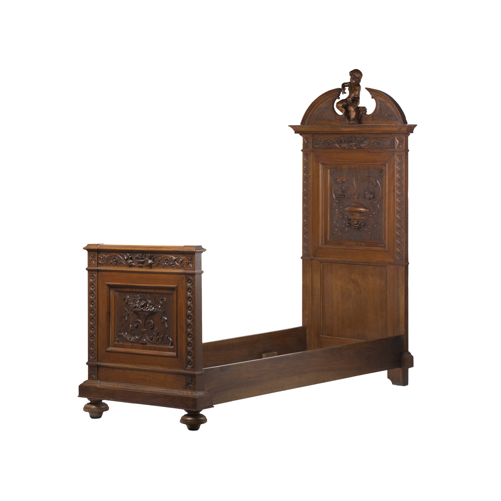 Appraisal: PAIR OF ITALIAN RENAISSANCE REVIVAL CARVED WALNUT BEDS AND BEDSIDE