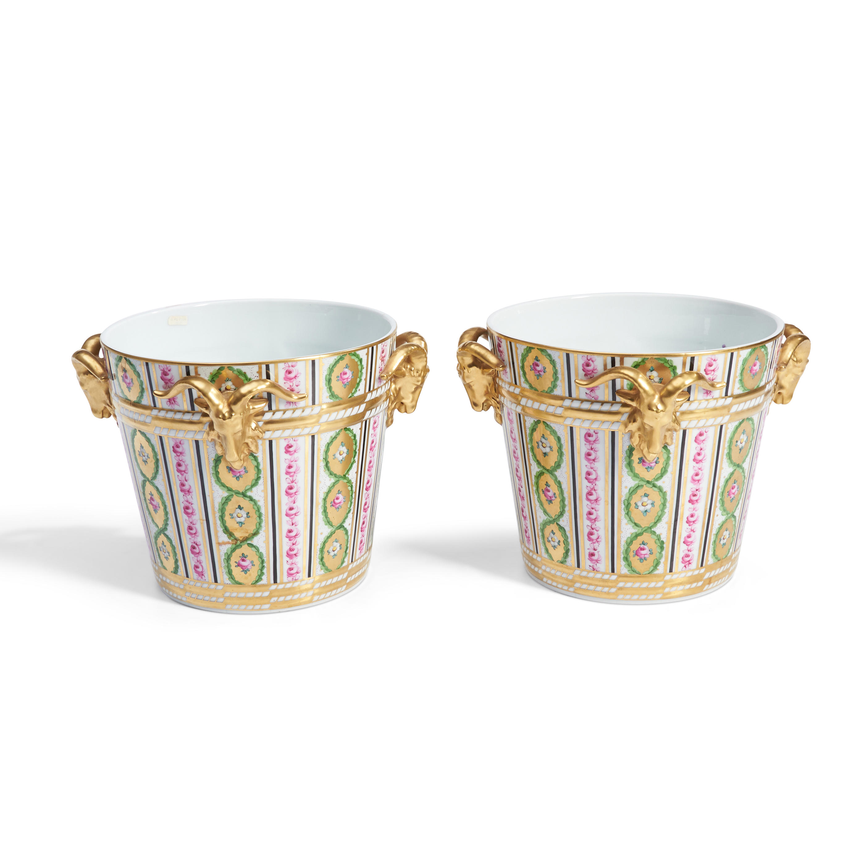 Appraisal: PAIR OF DRESDEN GILT-DECORATED PLANTERS with gilt-decorated bands of floral