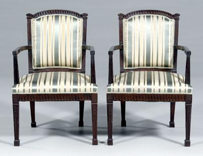 Appraisal: Pair Adam style open armchairs carved mahogany and walnut bellflower