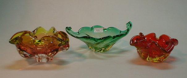 Appraisal: Three Bohemian glass items abstract designs various colours