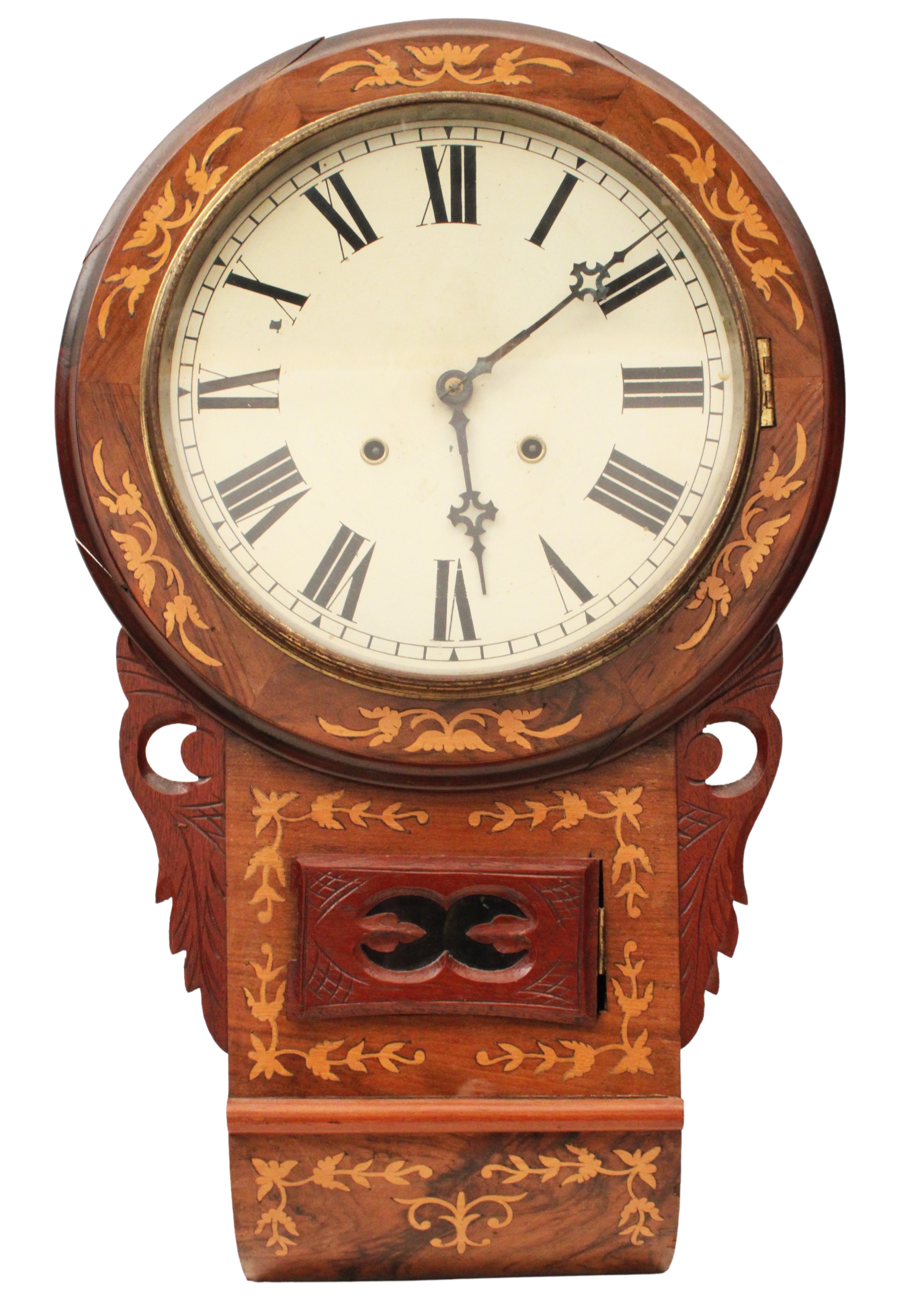 Appraisal: MARQUETRY INLAID SCHOOL CLOCK Marquetry inlaid walnut and mahogany school