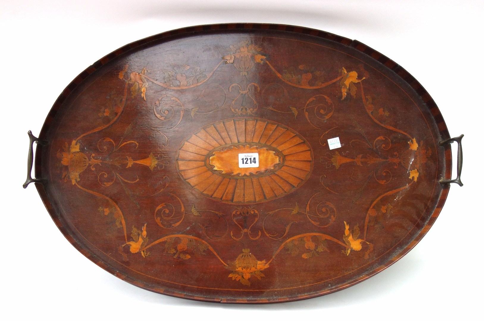 Appraisal: A George III style marquetry inlaid galleried oval serving tray