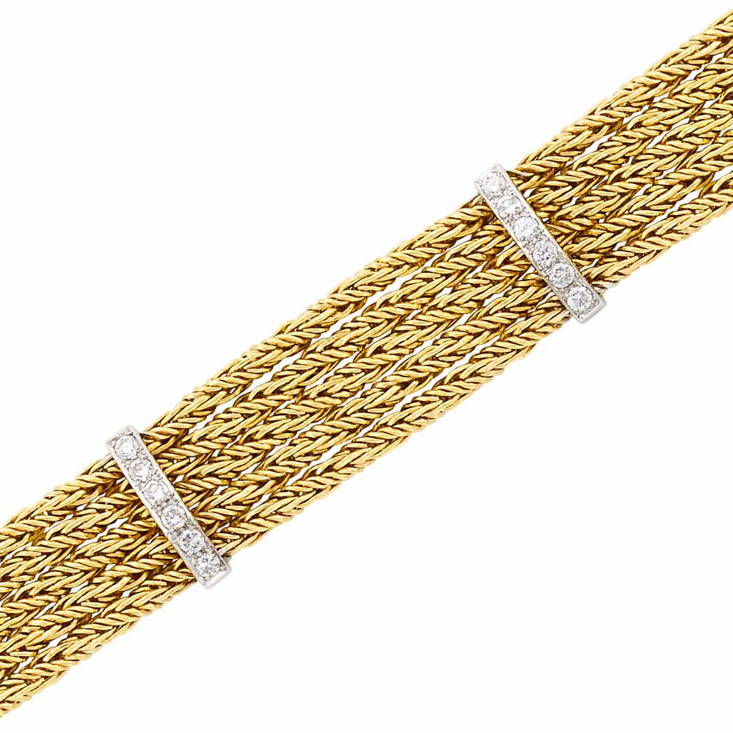 Appraisal: Five Strand Gold and Diamond Bracelet Germany kt yellow white