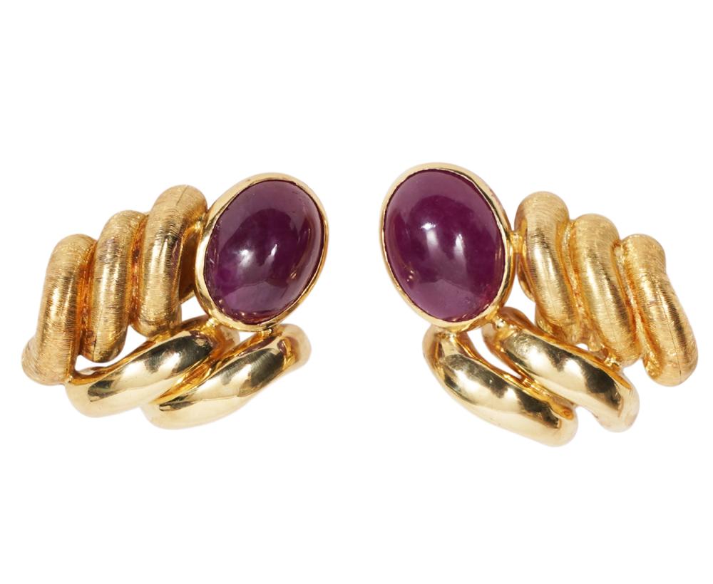 Appraisal: KT GOLD CABOCHON RUBY CLIP EARRINGSSan Marco design kt gold