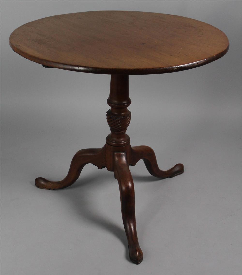 Appraisal: CHIPPENDALE MAHOGANY TILT TOP TABLE the circular top over baluster