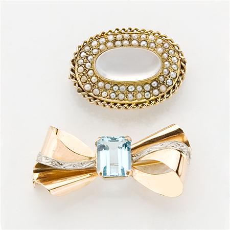 Appraisal: Gold and Aquamarine Bow Pin and Antique Moonstone and Split