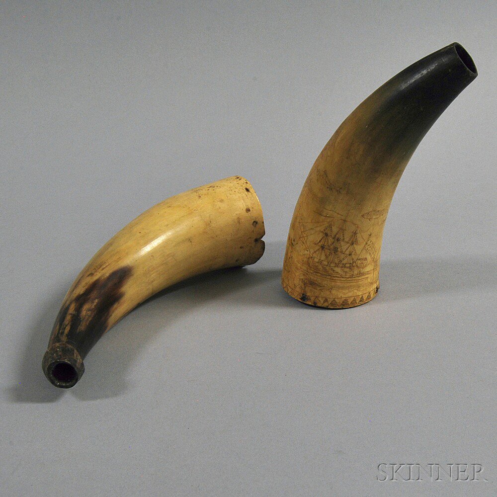 Appraisal: Two Powder Horns America th century one horn with carved