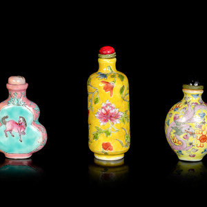 Appraisal: Three Chinese Famille Rose Porcelain Snuff Bottles EARLY TH CENTURY