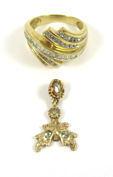 Appraisal: TWO ARTICLES OF DIAMOND AND YELLOW GOLD JEWELRY including a