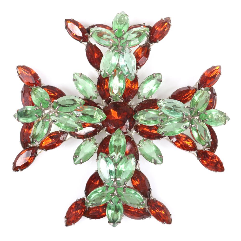 Appraisal: GIANT UNSIGNED VINTAGE JEWELED MALTESE CROSS WITH LAYERED GREEN OVER