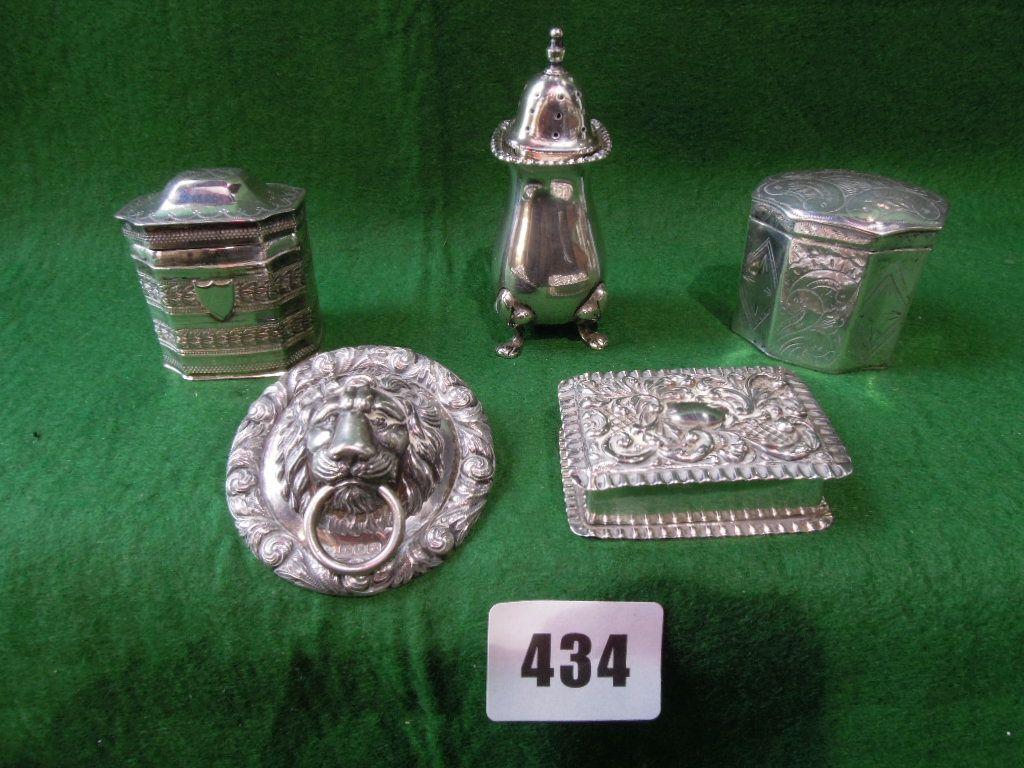 Appraisal: Two silver boxes with hinged lids a silver scrolled pill