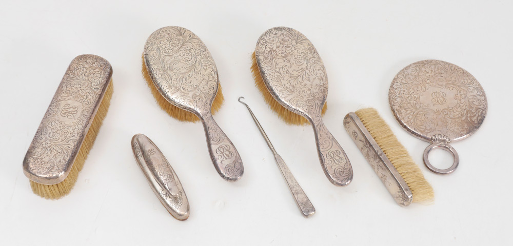 Appraisal: ESTATE PIECE STERLING VANITY SET pieces total each profusely engraved