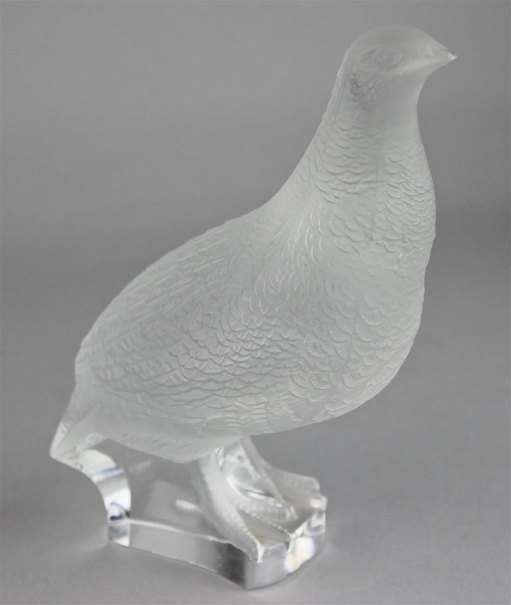 Appraisal: LALIQUE PARTIALLY FROSTED GLASS MODEL OF A QUAIL incised Lalique