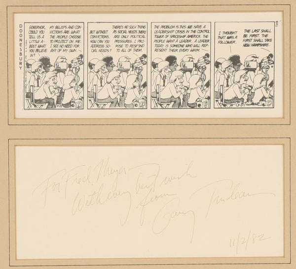 Appraisal: Garry Trudeau autographed note with framed cartoon panel Overall x