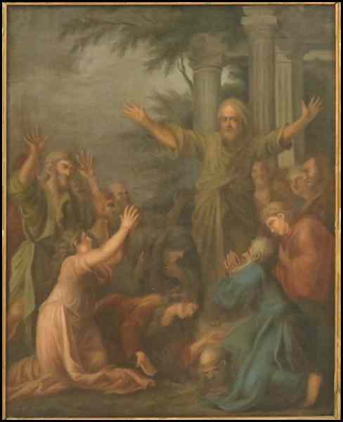 Appraisal: CONTINENTAL SCHOOL TH CENTURY PREACHING AT THE RUINS Oil on