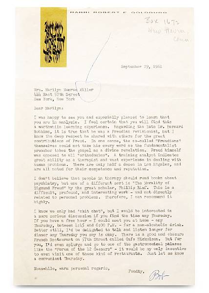 Appraisal: A Marilyn Monroe-received letter from Rabbi Robert E Goldburg Typed