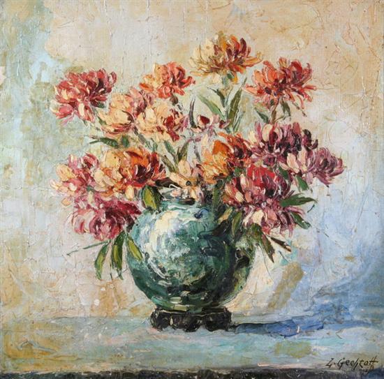 Appraisal: LEONID GECHTOFF Russian - DAHLIAS IN A BLUE VASE signed